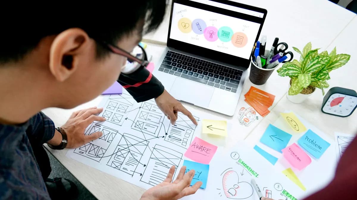 A designer sketching website wireframes beside a laptop.